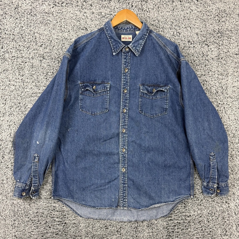 Vintage 90s Gap Blue Jeans Shirt Mens XL Blue Denim Snap Button Western Workwear